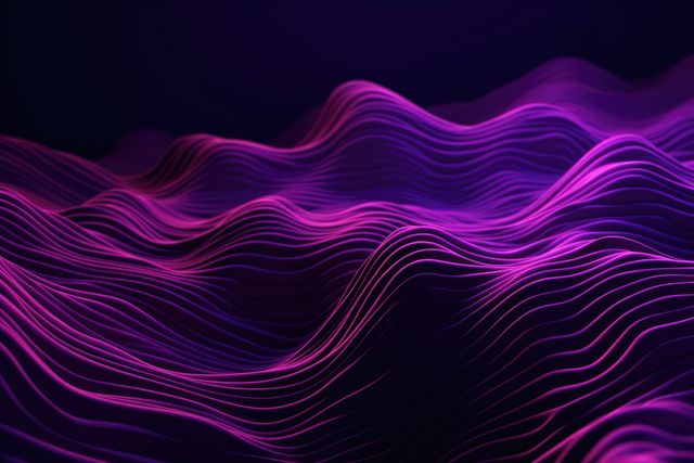 Abstract purple wavy lines on black background, created using generative ai technology. Abstract, colour and shape concept digitally generated image.