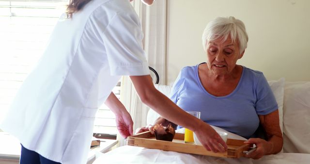Nurse Serving Breakfast to Elderly Woman in Hospital Bed - Download Free Stock Images Pikwizard.com
