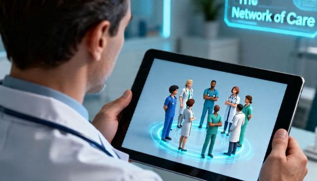 Doctor using tablet showing holographic multidisciplinary care team for telemedicine