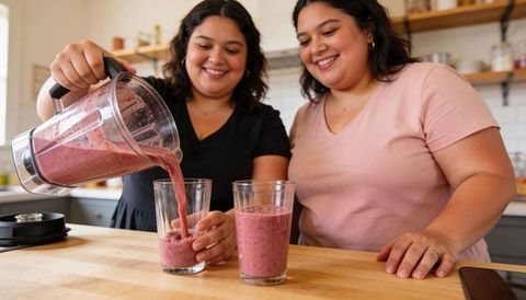 Pouring berry smoothies together in home kitchen on wooden countertop, friends sharing
