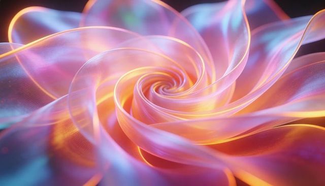 Luminous translucent ribbon spiral with glowing pastel petals, abstract 3d digital art