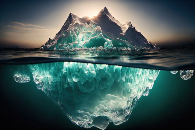 Massive iceberg partially submerged in the ocean with a large ice formation beneath the surface and the sun illuminating the tip. Captures the sheer size and beauty of natural ice formations. Useful for themes on the environment, climate change, nature, exploration, and arctic landscapes.
