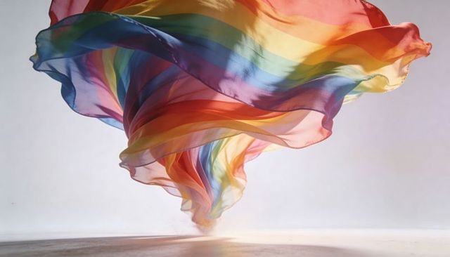 Translucent rainbow fabric swirling into airy spiral vortex over neutral studio floor