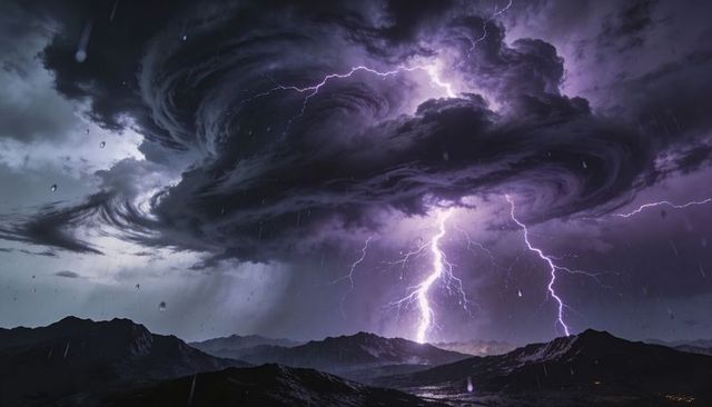 Swirling storm vortex unleashing violet lightning over rugged mountain basin at night