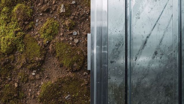 Contrasting moss-covered soil and rain-spattered glass facade with slim aluminum handle