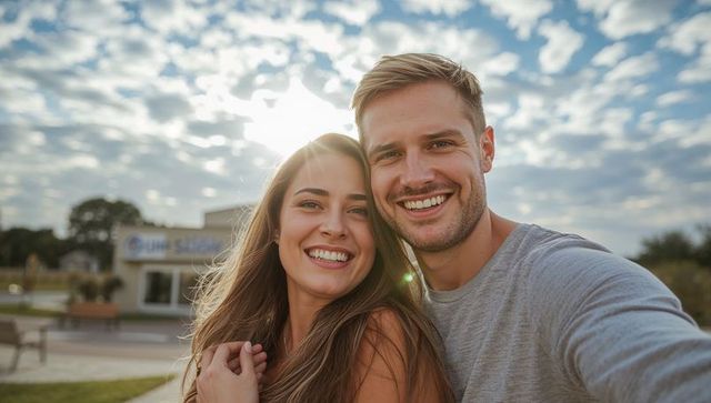 Smiling couple taking selfie at sunlit park plaza with warm rimlight and lens flare