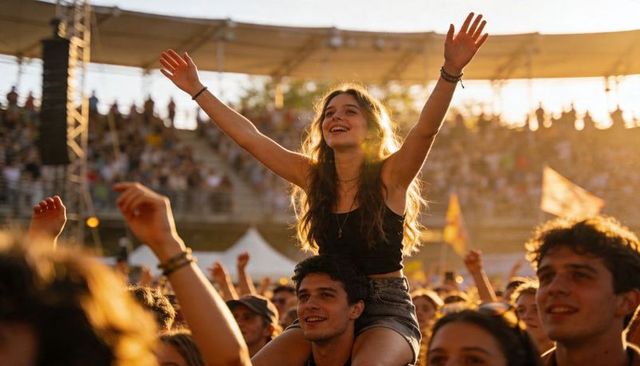 Young woman sitting on shoulders, cheering and raising arms at outdoor music festival, golden hour