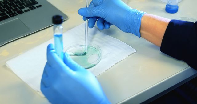 Scientist in gloves using pipette and petri dish, conducting research in a laboratory setting. Ideal for articles about scientific research, laboratory methods, and advancements in medical and technological fields.