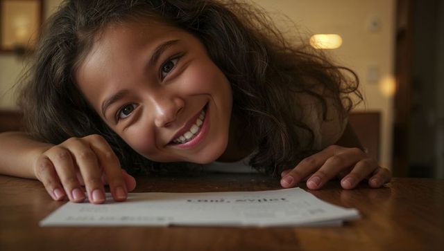 Joyful schoolgirl leaning on table smiling over homework warm home portrait natural light