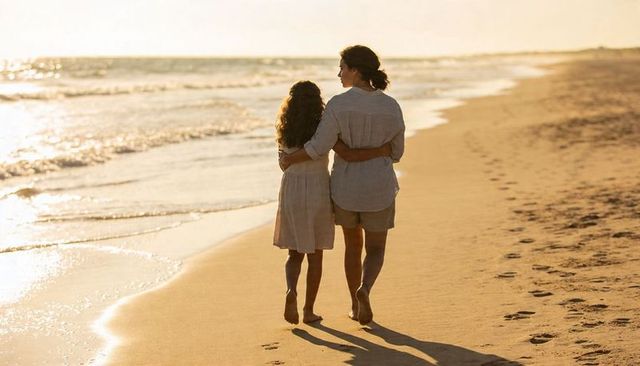 Mother and daughter walking barefoot on sunlit beach, embracing at golden hour, peaceful shoreline