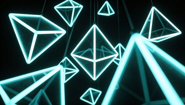 Glowing cyan wireframe pyramids suspended in dark space neon geometric light installation