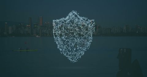 Digital Shield Overlay on Cityscape Across Water - Download Free Stock Images Pikwizard.com