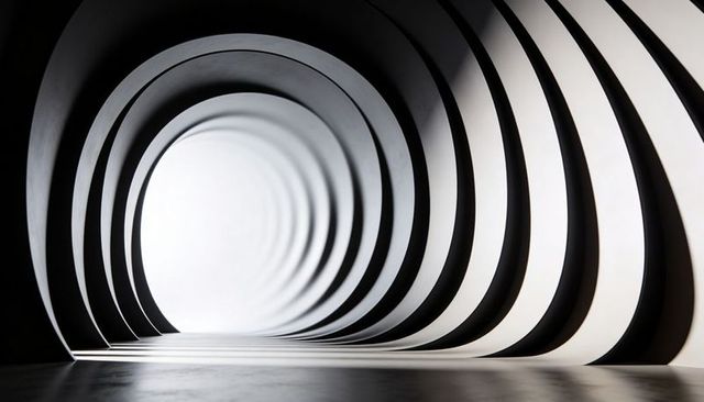 Concentric curved ribs leading toward bright circular exit minimal monochrome tunnel