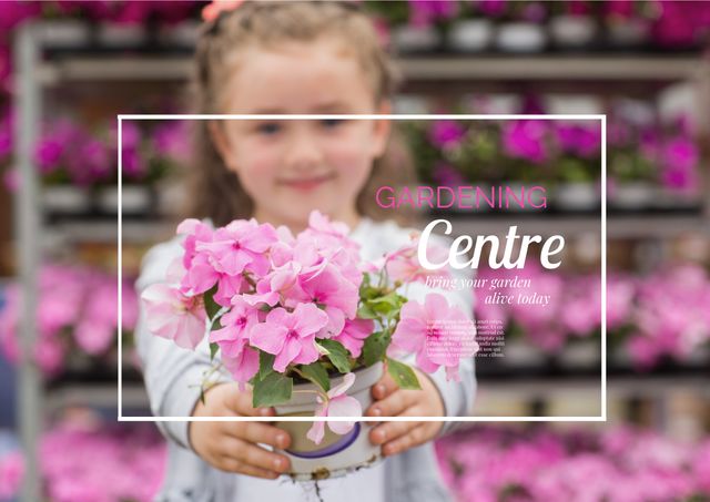 Image of a young girl holding a pot of pink flowers, promoting a gardening centre for spring events. Ideal for use in advertisements, flyers, and posters for gardening shops, spring promotions, nursery events, or any campaign encouraging gardening and floral activities. Showcasing the fresh blooms and vibrant colors of spring, it can be used to draw attention to seasonal offers and attract customers to floral retailers.