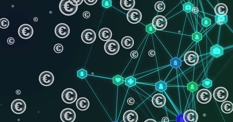 Futuristic digital currency network with blinking euro symbols