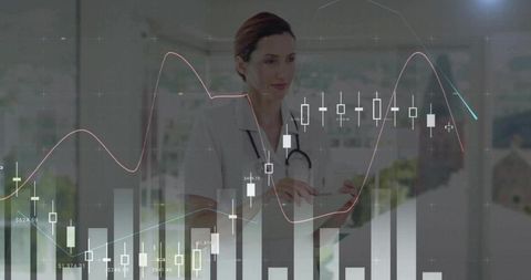Doctor Reviewing Tablet with Healthcare Analytics Overlays and Financial-Style Charts