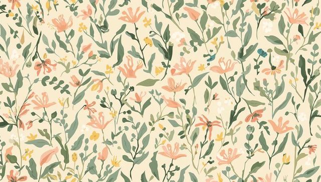 Hand-drawn peach floral seamless pattern with soft green foliage for wallpaper and fabric