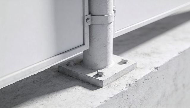 Industrial metal stanchion bolted to concrete curb, panel clamp detail, sunlit texture