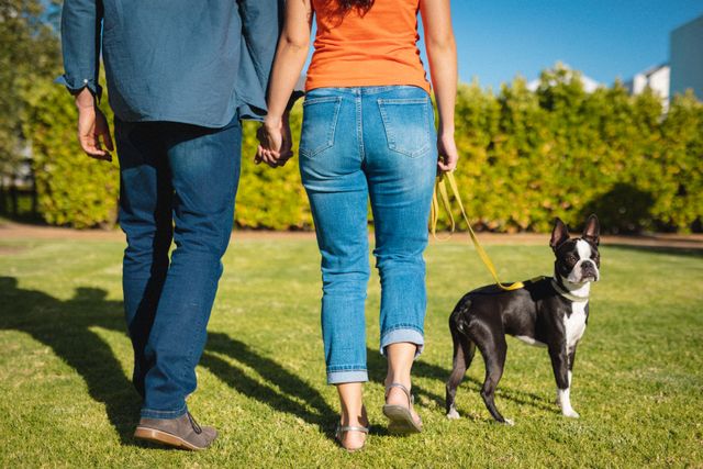 Rear view of low section of a caucasian couple holding hands walking their dog in the garden. couple lifestyle and living concept