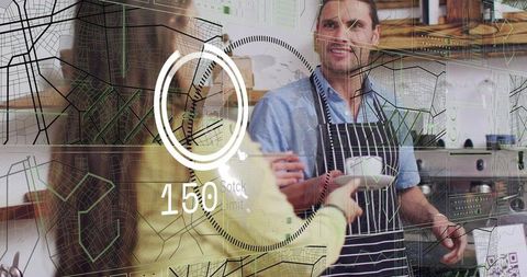 Barista Serving Coffee with Augmented Reality Map Overlay and Digital Interface in Café