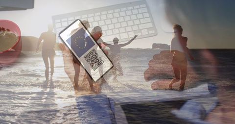 Diverse Friends Enjoying Beach with Smartphone and Digital Overlay