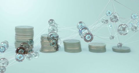 Floating network of glowing nodes linking stacked coins to represent finance growth