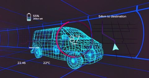 Holographic van wireframe dashboard showing speed gauge, battery telemetry, navigation