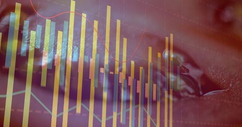 Overlaying candlestick market chart on glossy macro surface with burgundy bokeh texture