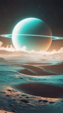 Vertical video pulling back over cratered alien landscape revealing glowing ringed planet