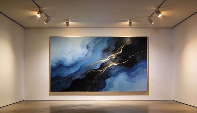 Large abstract canvas featuring deep blue and black swirls with metallic gold veins