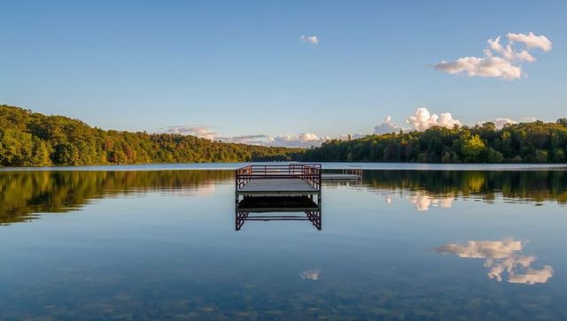 Floating dock reflecting clouds and forest on mirror-like lake at golden hour