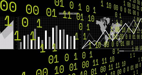 Binary Code Overlay on Data Analytics and Global Chart Interface - Download Free Stock Images Pikwizard.com