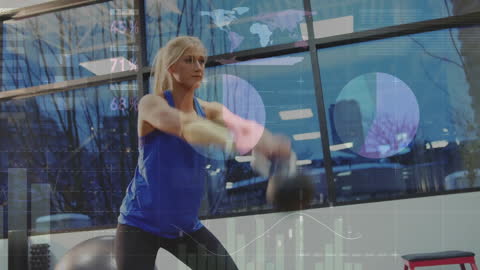 Woman Exercising with Financial Data Overlay in Gym Environment