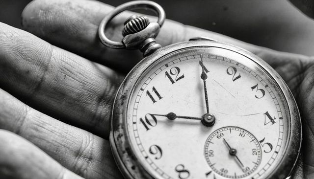 Vintage pocket watch cradled in mature hand closeup monochrome time concept