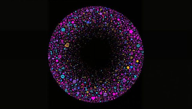 Vibrant Neon Icon Ring Forming Glowing Donut of Symbols and Glyphs on Black Void Circle