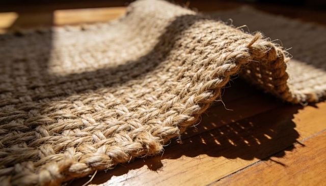 Sunlit woven jute rug curling on hardwood floor, closeup natural fiber texture and braided edge