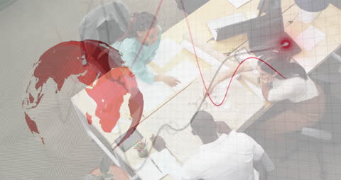 Diverse Team Collaborating in Office with Global Overlay