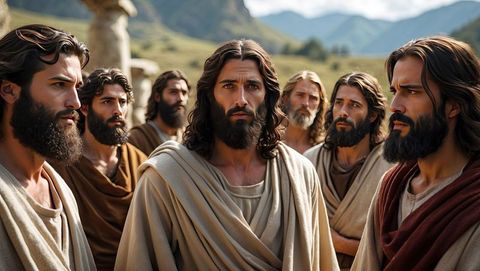 Jesus and his disciples in a scenic mountain valley