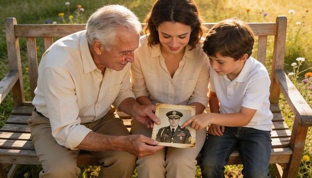 Grandfather, mother and grandson holding vintage military portrait on weathered bench at golden hour