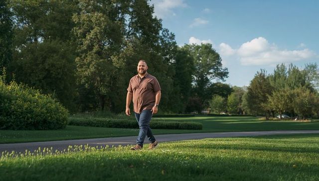 Walking bearded man in brown shirt and jeans on paved park path enjoying sunny afternoon