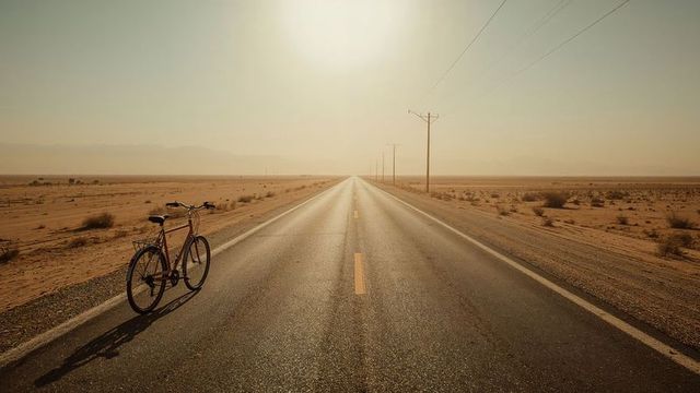 Lonely Bicycle Casts Long Shadow on Open Desert Highway