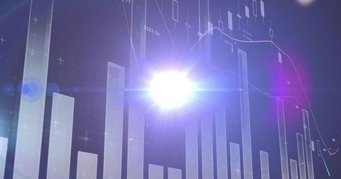 Displaying finance dashboard with glowing lens flare, 3D bar and neon candlestick charts