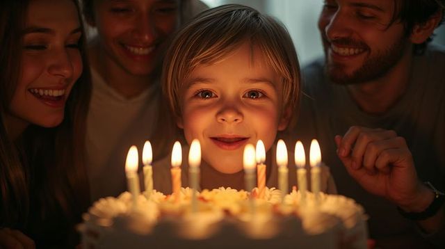 Young Child Celebrating Birthday with Smiling Family Blowing Candles on Intimate Candlelit Cake
