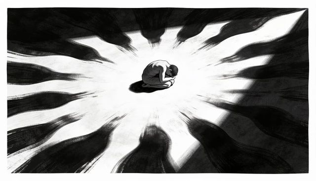Lonely figure curled in spotlight surrounded by radiating shadow silhouettes isolation