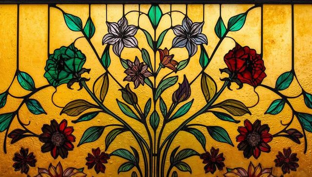 Vibrant stained glass panel with botanical motifs in art nouveau style