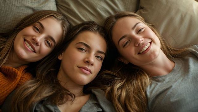 Smiling young women lying side-by-side on bed for cozy friends portrait and lifestyle