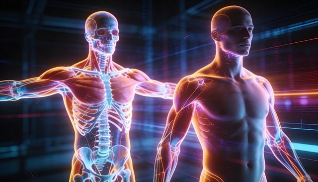 Holographic human anatomy visualization with transparent skeleton and glowing musculature