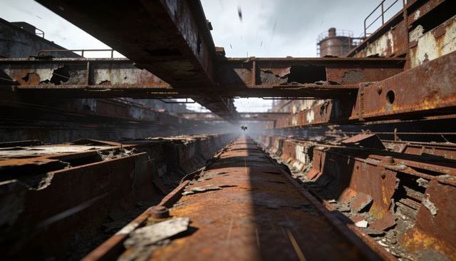 Rusted dry dock interior with corroded beams, weathered deck plating and industrial decay