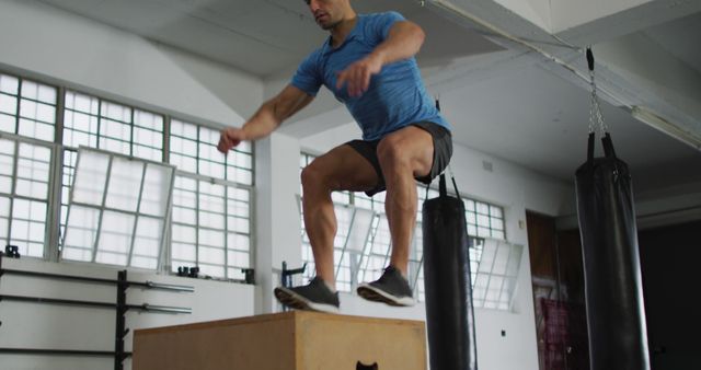 Fit caucasian man jumping on pylo box at the gym - Download Free Stock Photos Pikwizard.com