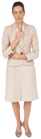 Focused Businesswoman Thinking with Pen on Transparent Background